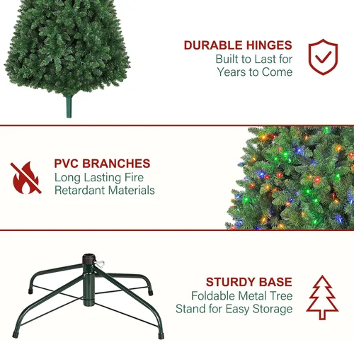 Vista 6 de Hykolity - Árbol de Navidad artificial preiluminado de 6 pies con 250 LED multicolor, ramas de PVC ignífugas, 1,032 puntas, 10 modos
