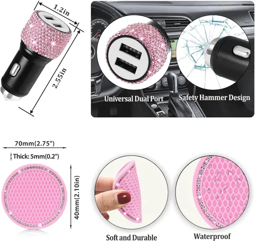 Vista 5 de Juego de accesorios brillantes para auto MAIMEIMI para mujeres con decoraciones de strass para interior con fundas para volante, marco