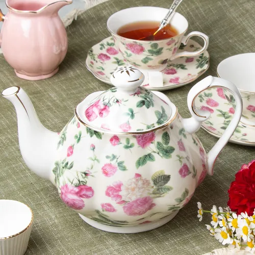 Vista 2 de Gracie China Rose Chintz - Tetera de porcelana (4-1/2 tazas), ramo de rosas rosadas