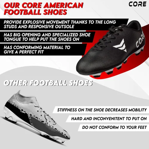 Vista 6 de CORE Tacos de fútbol americano, zapatos largos de fútbol para deportes y entrenamiento, zapatos de fútbol suaves y transpirables para hombres