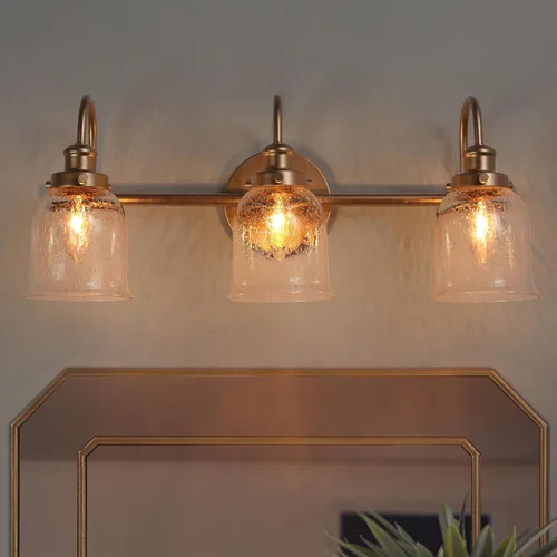 Vista 4 de Lámpara de tocador dorada, moderna lámpara de baño sobre espejo, iluminación de tocador de 3 luces con pantalla de vidrio sembrado