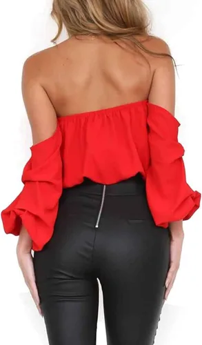 Vista 2 de Haola Blusa de gasa con hombros descubiertos para mujer, sexy, de manga larga, holgada, sin tirantes, color liso, casual