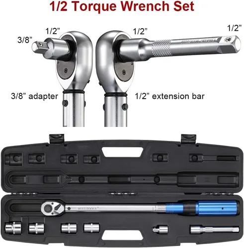 Vista 5 de BULLTOOLS Juego de llaves dinamométricas de clic de 1/2 pulgada, llave dinamométrica ajustable de 90 dientes de doble dirección con hebilla