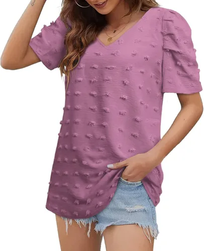 Vista 3 de FAPPAREL Camisetas de manga corta para mujer, blusas de gasa con cuello en V, lindas blusas de manga abombada
