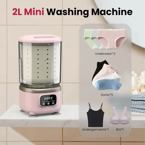 Vista 2 de Lavadora de ropa interior, mini lavadora portátil recargable con capacidad de taza de 2 litros para brasier, ropa interior, calcetines, hogar Rosa