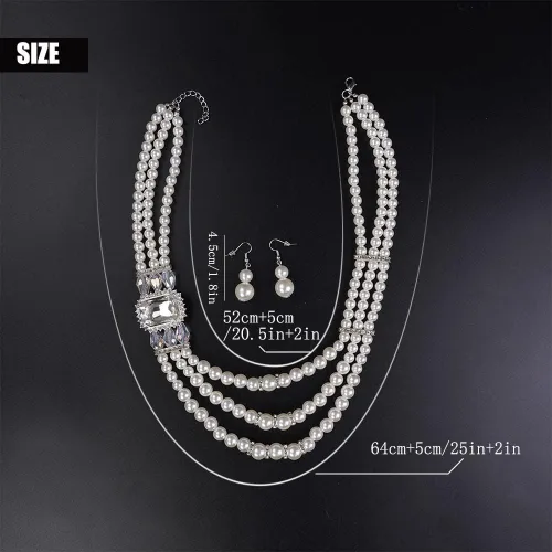 Vista 4 de Juego de collar y aretes de perlas de imitación blancas de 3 capas de los años 20 con cristal y diamantes de imitación, collar de perlas largas