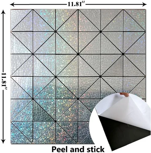 Vista 2 de XUANINY Azulejos contra salpicaduras para despegar y pegar, con superficie de aluminio triangular arcoíris, calcomanía de mosaico de metal