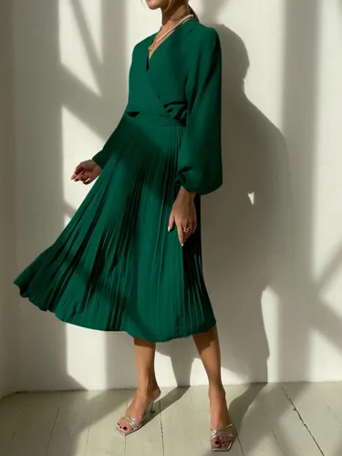 Vista 4 de PRETTYGARDEN Vestido Midi de Primavera para Mujer con Manga Larga Abombada, Cuello en V Envolvente, Fluido, con Volantes Plisados, Vestidos Casuales