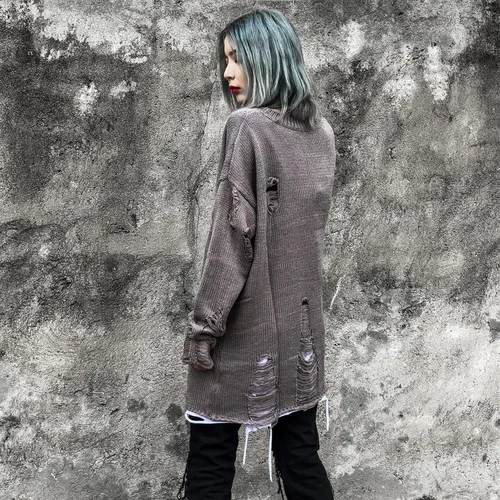 Vista 3 de Zhiyouni Suéter gótico punk para mujer, suelto, de gran tamaño, a rayas, rasgado, suéter de punto