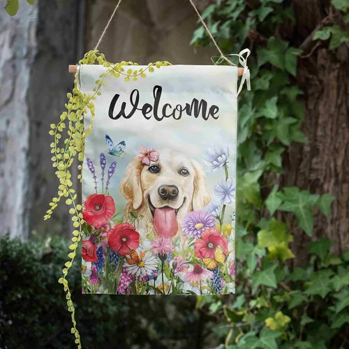 Vista 6 de Bandera floral de jardín Golden Retriever para jardín, banderas de bienvenida para exteriores de 12 x 18 pulgadas, bandera de perro de flores