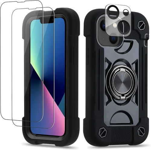 Vista 61 de Funda para iPhone 11 de 6.1 pulgadas con soporte de anillo, con 2 protectores de pantalla de vidrio, resistente a los golpes, resistente a