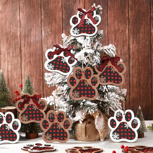 Vista 3 de Adornos navideños de madera con forma de pata de perro para árbol de Navidad, decoración colgante de huella de pata de perro con corbatines