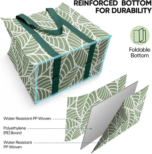 Vista 5 de BALEINE Paquete de 2 bolsas de comestibles reutilizables con parte inferior reforzada, bolsas plegables resistentes (follaje antiguo)