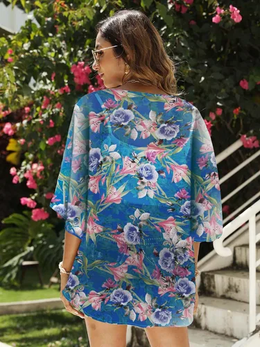 Vista 4 de Chunoy Cárdigan tipo kimono de gasa floral para mujer, blusa informal holgada