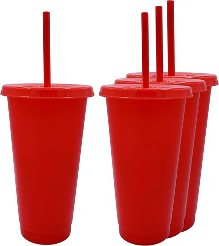 Vista 6 de Vaso frío de plástico reutilizable de 24 onzas con popote y tapa, paquete de 4 unidades (soplo)