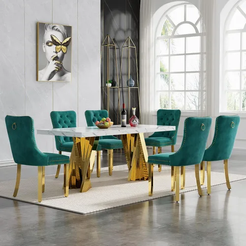 Vista 84 de HomVent - Juego de mesa de comedor de mármol sintético de 68 pulgadas con 4 sillas de terciopelo para cocina Modern Rectangular Faux Marble