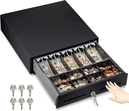 Vista 8 de Volcora Cajón manual de 13" para caja registradora con apertura por presión para sistema de punto de venta (POS), cajón resistente color negro con 4