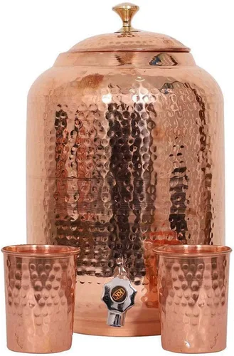 Dispensador de agua de cobre puro martillado a mano indio hecho a mano de 4 litros, tanque de almacenamiento de agua curativa ayurveda con botella