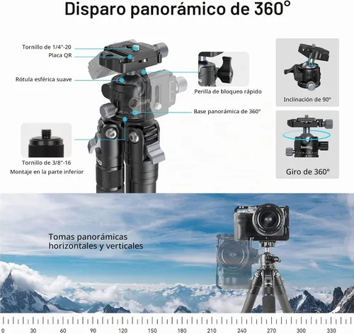 Vista 4 de SmallRig AP-10 Trípode de cámara de fibra de carbono de 52.4 pulgadas máx. Carga útil 11lb Cabezal de bola de 360°, monopie desmontable, ligero