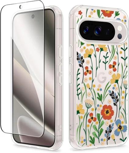 Vista 24 de GVIEWIN Funda para Google Pixel 10a con protector de pantalla, protección contra caídas de grado militar, no amarillenta, transparente, floral