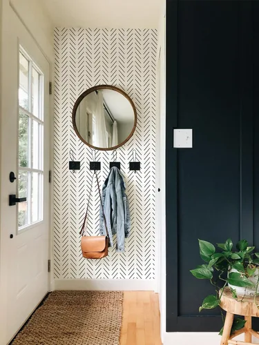 Vista 3 de Orainege - Papel de colgadura adhesivo negro y blanco con diseño de espina de pescado, papel de contacto para baño, 17.7 x 78.7 pulgadas, papel