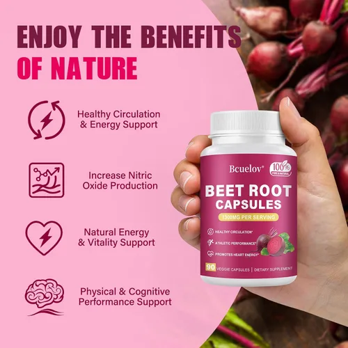 Vista 4 de Cápsulas de raíz de remolacha Cápsulas de polvo de remolacha pura de 1300 mg - Apoya la presión arterial, energía natural y resistencia - 90