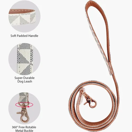 Vista 4 de Collar de cuero para perro y correa de 4 pies, collar básico ajustable con patrón de campana a cuadros, collar y correa de cuero duradero