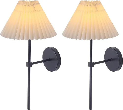 Vista 8 de Juego de 2 apliques de pared de latón cepillado con pantalla plisada blanca, lámpara de pared dorada de cuello de cisne para interiores, tocador