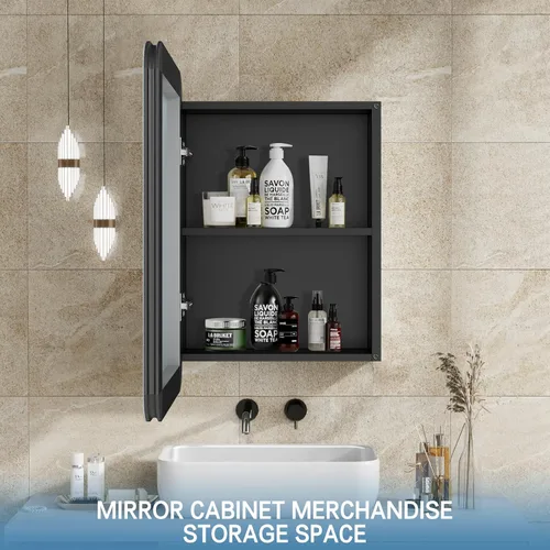 Vista 4 de Botiquín de baño de 24 x 16 pulgadas, color negro, botiquines de baño montados en la pared o armario con espejo empotrado, botiquines rectangulares