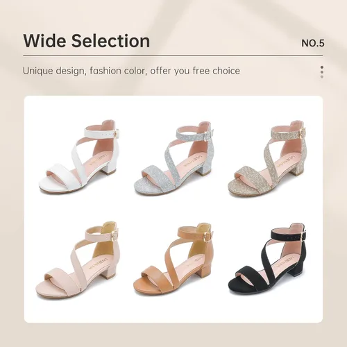Vista 7 de Sandalias para niñas con tacón para niños con punta abierta y correa de tobillo, zapatos de vestir con flores para bodas y fiestas para niños