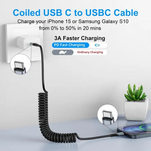 Vista 2 de Paquete de 2 cables de carga USB C a USB C en espiral para automóvil, cable de carga rápida USBC tipo C compatible con 17/1615/15 Plus/15 Pro/15 Pro