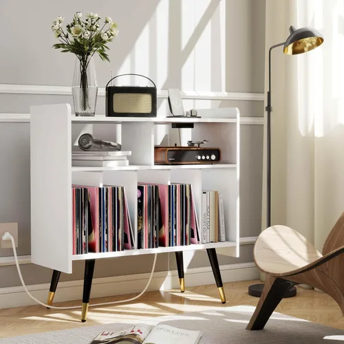 Vista 3 de White Record Player Stand with Vinyl Storage: Large Record Player Table Holds up to 200 Albums, Tall Turntables for Vinyl Records, Wood Turntable
