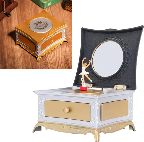 Vista 6 de Caja de joyería de música bailarina, caja de joyería musical, pequeña caja de joyería con tema de bailarina giratoria, color blanco plateado