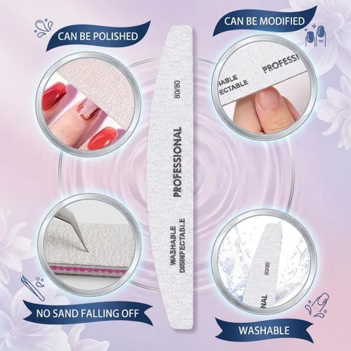 Vista 2 de 25 limas de uñas profesionales de media luna, grano 100/100 de doble cara, herramientas reutilizables para limar uñas naturales y acrílicas