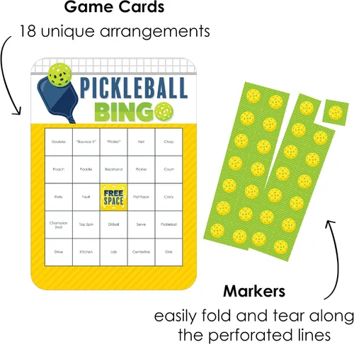 Vista 4 de Big Dot of Happiness Let's Rally - Pickleball - Tarjetas de bingo y marcadores - Juego de bingo para fiesta de cumpleaños o jubilación - Juego de 18