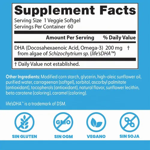 Vista 4 de Doctor's Best DHA vegetariano de algas, sin OMG, vegano, sin gluten, 200 mg, 60