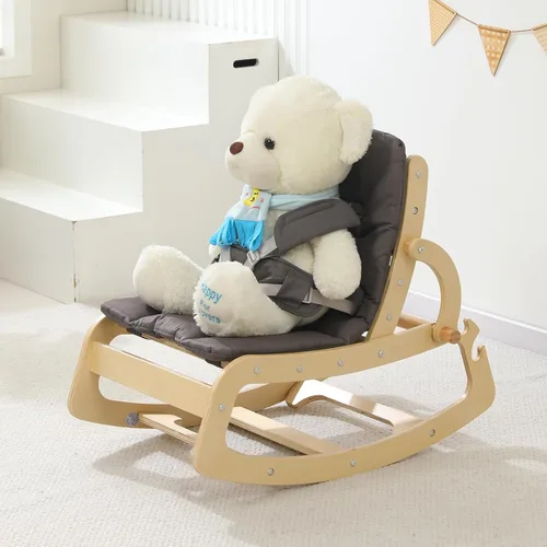 Vista 7 de Mecedora de Bebé de Madera Ajustable 3 en 1, Silla Mecedora de Diseño Ergonómico con Cojín Extraíble, Cinturón de Seguridad y Elevador, Reclinable