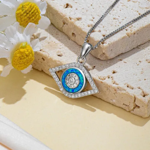 Vista 2 de PEIMKO Collar con dije de ojo turco de plata de ley 925, joyería de protección griega para mujer