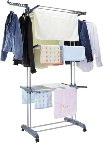 Vista 7 de SHG - Organizador de lavandería de aluminio de 3 niveles, estante de secado plegable, soporte para secadora de ropa