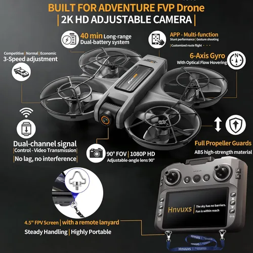 Vista 5 de Dron con cámara para adultos - Control remoto de pantalla FHD de 4.5 pulgadas, cámara dual 2K, vuelo de 40 minutos, motor sin escobillas, evita