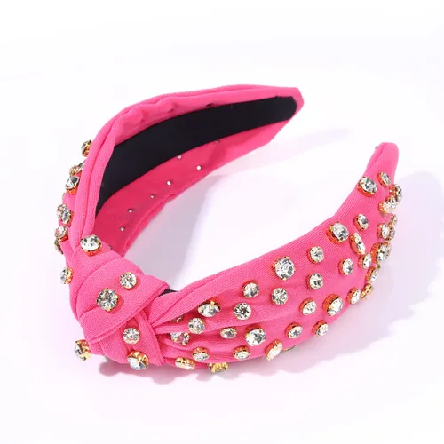 Vista 7 de Diadema anudada de cristal para mujer, diadema de nudo ancho adornado con cristal, diadema de moda para mujer, accesorios para el cabello Rosa Rojo