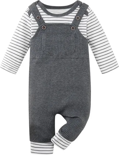 Vista 8 de Ropa para bebé niño recién nacido, conjunto de mameluco a rayas con bolsillo de 0 a 24 meses