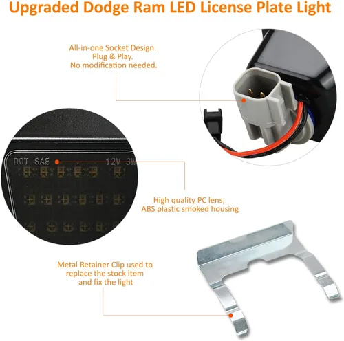 Vista 4 de Bestview Luz LED para placa de matrícula con retenedor de clip, conjunto de luces de etiqueta compatible con Dodge Ram 1500 2500 3500 2003-2018