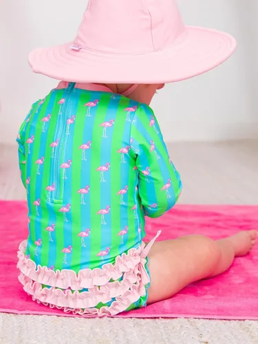 Vista 4 de RuffleButts - Traje de baño de manga larga, de una pieza, para bebéniñas, con protección solar UPF 50+