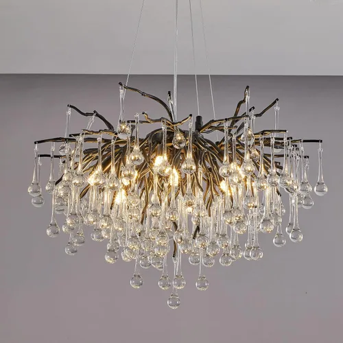 Vista 24 de Lámpara de araña moderna de cristal en forma de gota de lluvia, lámpara lineal negra rectangular de 40' de la serie Art Deco con forma de rama