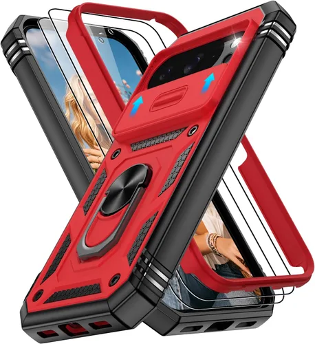 Vista 92 de Gritup Funda para Google Pixel 6 con cubierta deslizante para cámara y protector de pantalla (2 unidades), soporte de anillo giratorio 360°, funda