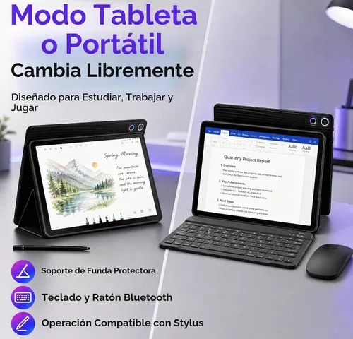 Vista 3 de Jeazans Tablet Android 16 de 10.1 pulgadas, paquete de tableta 2 en 1 con teclado, mouse inalámbrico, lápiz capacitivo, funda de cuero, cámara