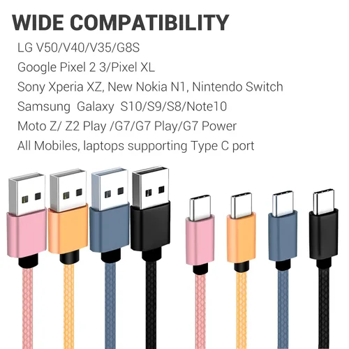 Vista 4 de Cable USB C de 1 pie, paquete de 4 unidades, cable USB A a USB C de carga rápida 3A, cable trenzado de nailon compatible con Samsung Galaxy A10e A20