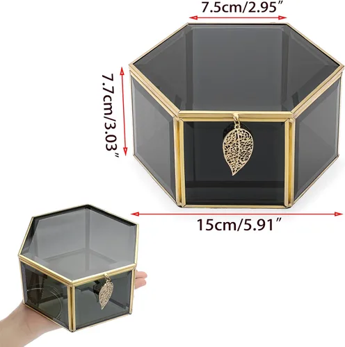 Vista 2 de ELLDOO Joyero de cristal negro organizador de joyería hexagonal con ribete dorado caja de recuerdo decoración decorativa caja de vidrio con tapa