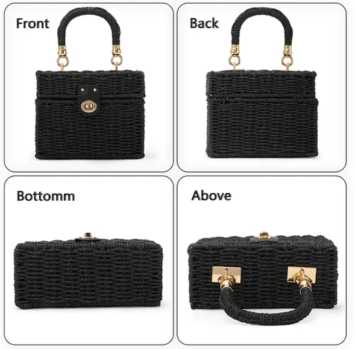 Vista 4 de Fecialy Bolso de mano de ratán tejido a mano para mujer, bolso de mano de paja para playa, bolso cruzado cuadrado bohemio